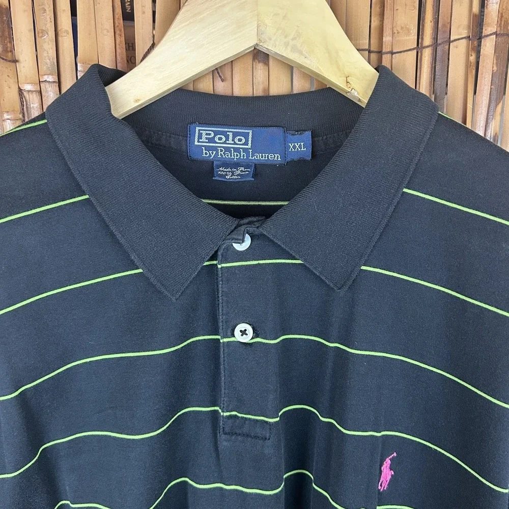 POLO Ralph Lauren Pima Cotton Black Green Stripe Pink Pony SS Preppy Shirt - XXL